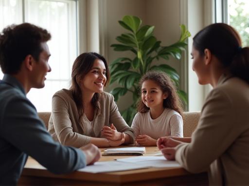 Familia en consulta con abogados, simbolizando Derecho de Familia